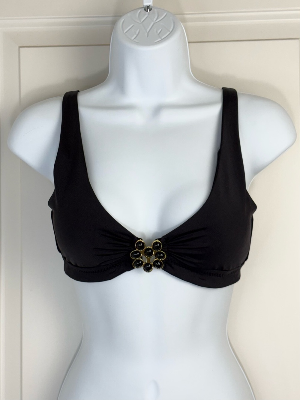 Trina Turk Black Gold Tone Jewel Triangle Bikini Swim Top Sz 6